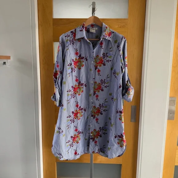 Finley Striped Floral Button Down Dress - Picture 1 of 7